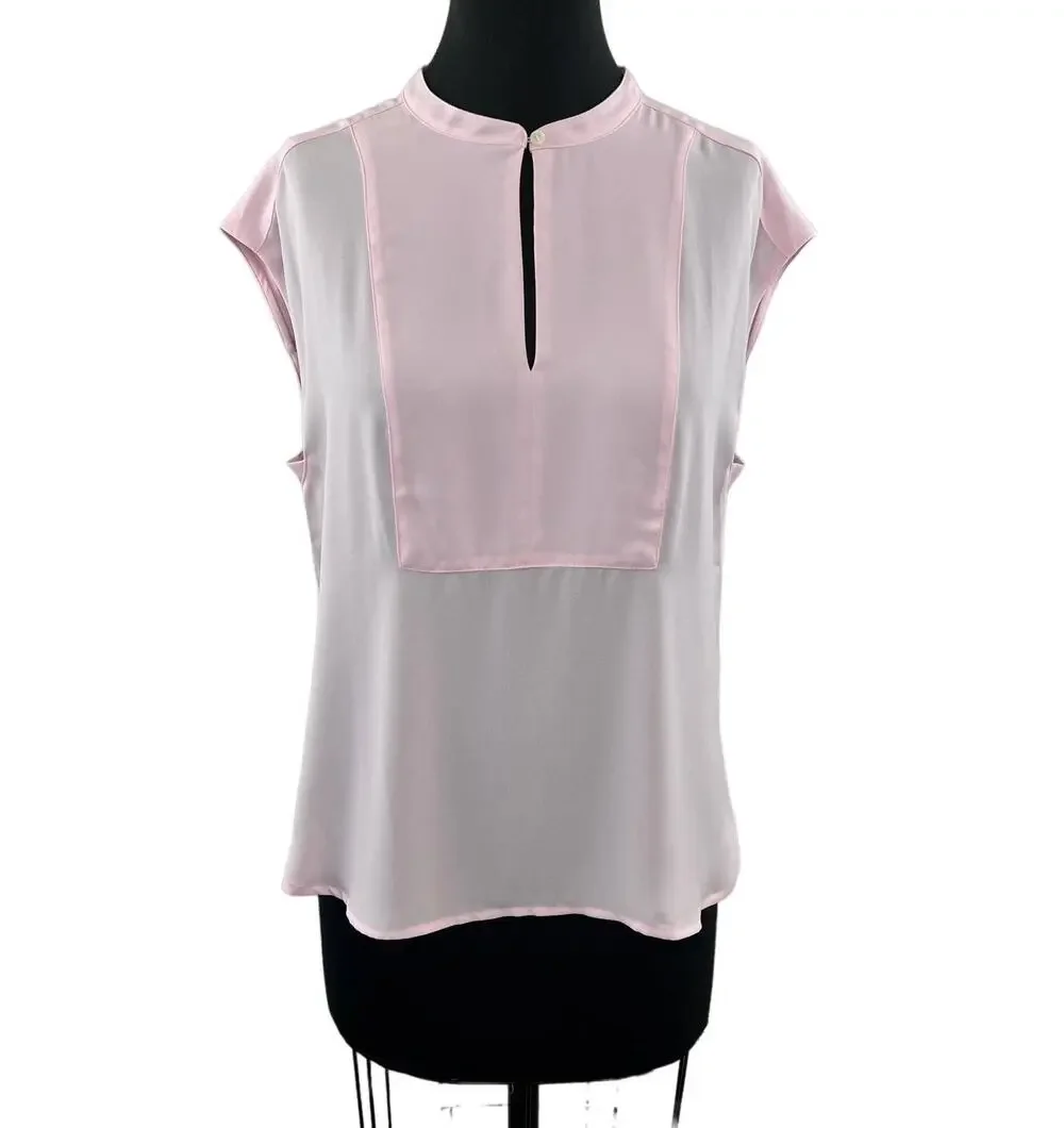 J. Crew 365 Drapey Cap-Sleeve Top Light Pink Slit Front Blouse Bib Front H8094 M
